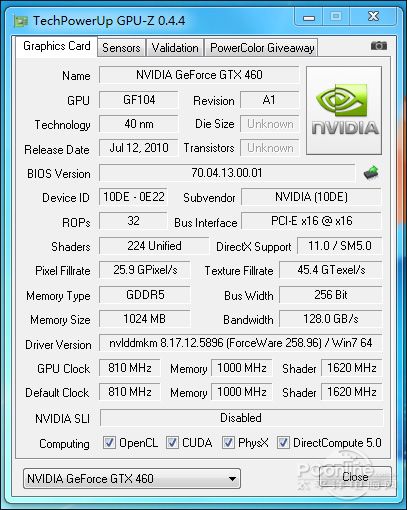 影驰 GTX460骨灰黑将版显卡的规格检测