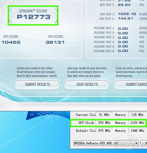 但翔升gts450金刚版1g d5可稳定超频到970mhz核心频率,跑分达p12773